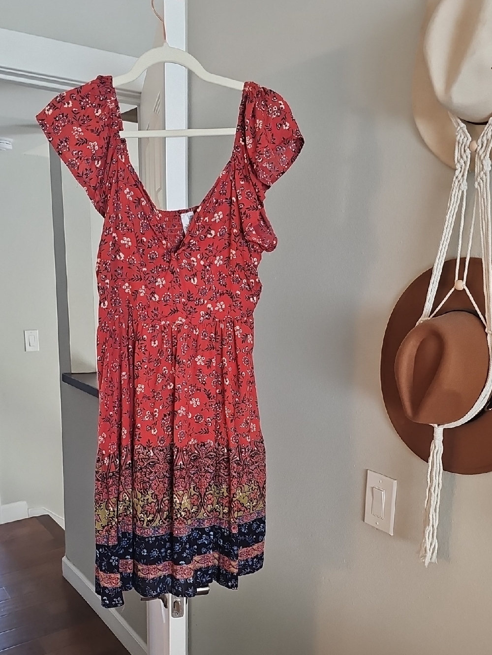 Women's Red Floral Tiered Mini Dress with Flutter Sleeves